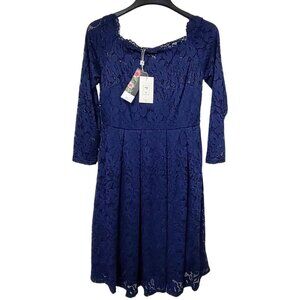 Miss May Womens Blue Floral Lace Dress Long Sleeve Scalloped Neckline Size M NWT